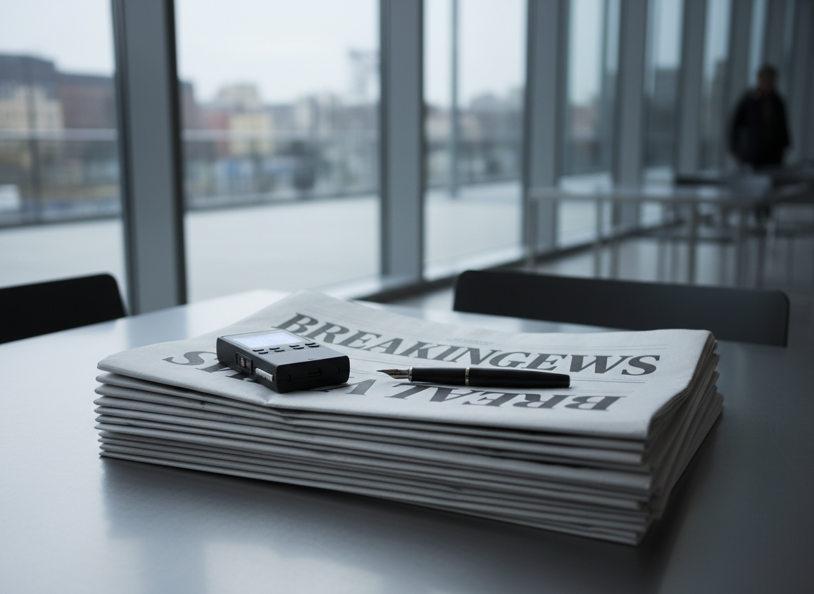 A stack of neatly folded broadsheet newspapers on a brushed metal table in a minimalist newsroom lobby, the top page showing only a bold, generic headline layout without readable text. A slim black fountain pen rests diagonally across the top issue, next to a small digital audio recorder with its screen faintly lit. Soft, overcast daylight filters in from a large glass façade, casting gentle shadows and a calm, neutral tone across the scene. Photographed from a slightly elevated angle with shallow depth of field, the foreground details are razor sharp while the background dissolves into a vague blur of glass and metal structures. The atmosphere is professional and contemplative, in realistic, clean photographic style.