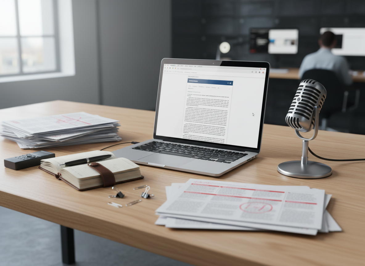 A meticulously organized journalist’s wooden desk in a modern newsroom, featuring an open sleek silver laptop displaying a blank article draft, a well-worn leather notebook with pages slightly curled, and a vintage metal microphone on a stable stand. Scattered around are printed pages with red-ink annotations, paper clips, and a digital voice recorder. The scene is lit by cool, diffused overhead studio lighting mixed with soft daylight from a large unseen window, creating gentle reflections on the laptop and subtle shadows under objects. Shot at eye level with a slight diagonal composition and moderate depth of field, the background fades into the blurred suggestion of newsroom monitors. The mood is focused and professional, captured in clean, photographic realism for a serious news site.